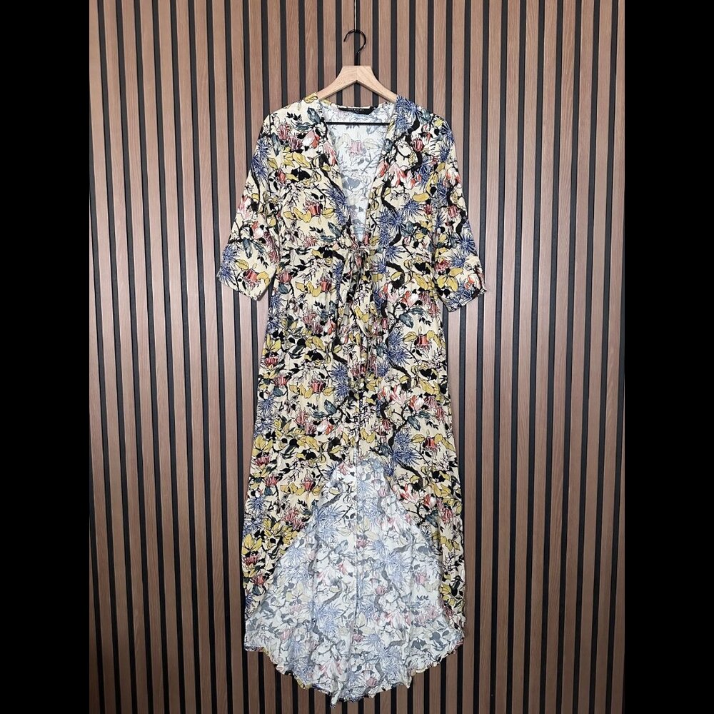 Knot Sisters Shirt Dress Small Yellow Floral 3/4 Sleeve High Low Button Tie Up